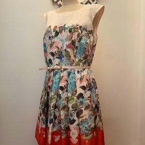 Sleeveless Dress, Size 14P, Cream, Orange & Floral